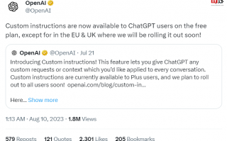 ChatGPT 自定义指令功能向英国和欧盟开放