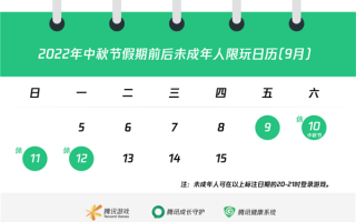 腾讯发布中秋节假期限玩日历：未成年人4天只能玩4小时