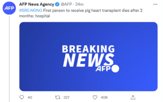 全球首个接受猪心脏移植病患死亡：只存活2个月