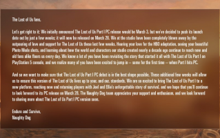 顽皮狗宣布《最后生还者》PC 版跳票，延期至 3 月 28 日