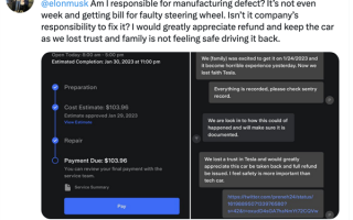 提车1周 一特斯拉高速上行驶时方向盘脱落：维修还被收费