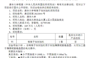 清华大学采购等离子体刻蚀机：预算165万