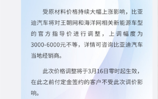 比亚迪再次宣布涨价：上调3000-6000元